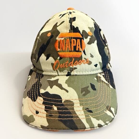 Napa Outdoors Mens Camo Auto Parts Outdoors Orange Adjustable Strapback Hat Cap - Picture 1 of 8